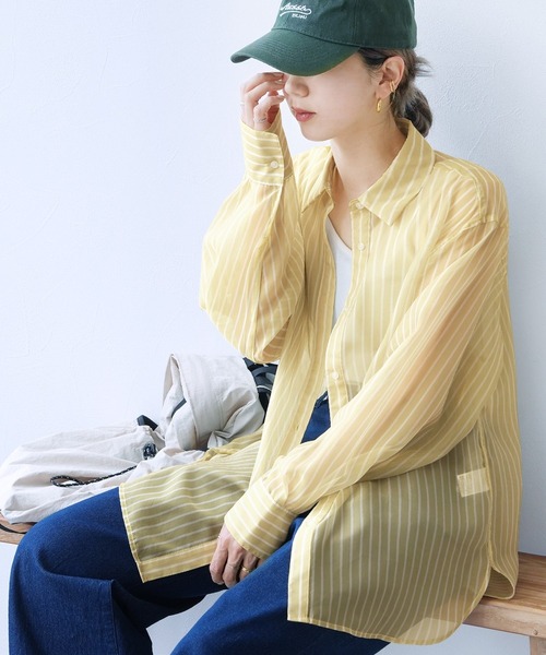 reca(レカ)の「無地/ストライプ柄シアーBIGシャツ(シャツ/ブラウス・レディース・ピンク/ブルー系その他/イエロー/イエロー系その他・FREE)」の11枚目の写真