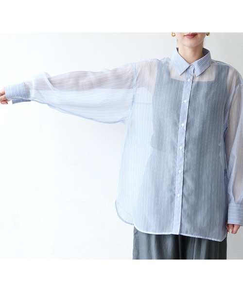 reca(レカ)の「無地/ストライプ柄シアーBIGシャツ(シャツ/ブラウス・レディース・ピンク/ブルー系その他/イエロー/イエロー系その他・FREE)」の5枚目の写真
