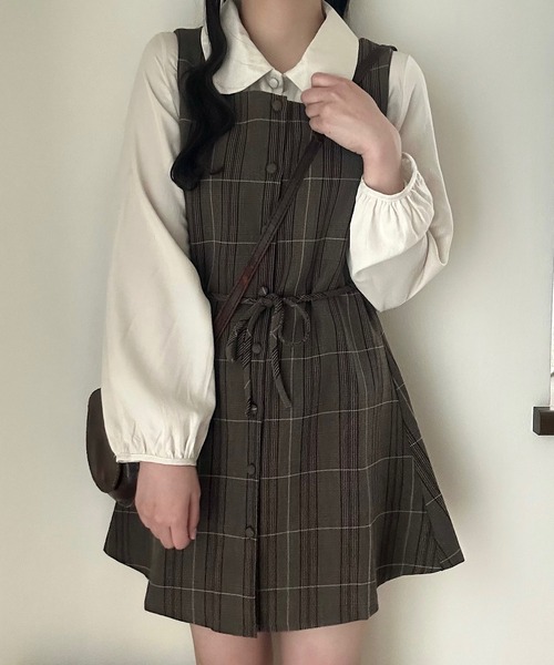 Cham.（チャム）の「【お得なコーデセット】ふんわりゆるナチュラルブラウス&ミニチェックワンピースセット（ワンピース・レディース・ブラウン・FREE）」の8枚目の写真