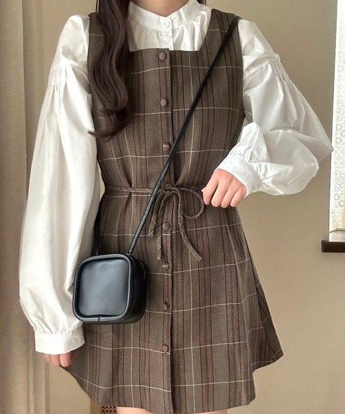 Cham.（チャム）の「【お得なコーデセット】ふんわりゆるナチュラルブラウス&ミニチェックワンピースセット（ワンピース・レディース・ブラウン・FREE）」の15枚目の写真