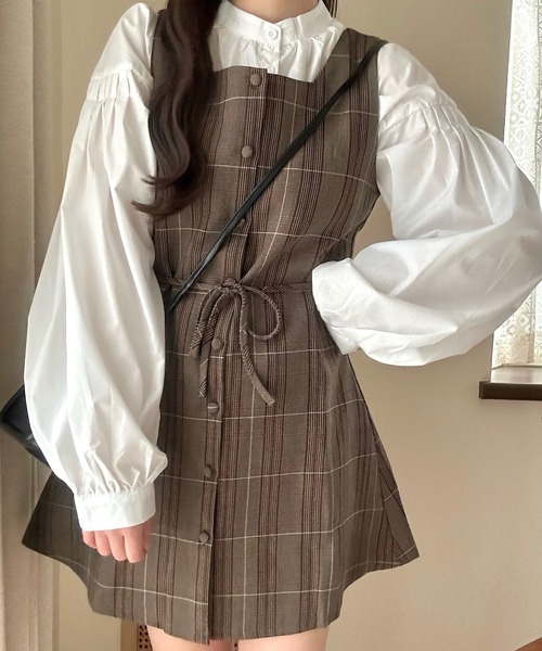 Cham.（チャム）の「【お得なコーデセット】ふんわりゆるナチュラルブラウス&ミニチェックワンピースセット（ワンピース・レディース・ブラウン・FREE）」の16枚目の写真