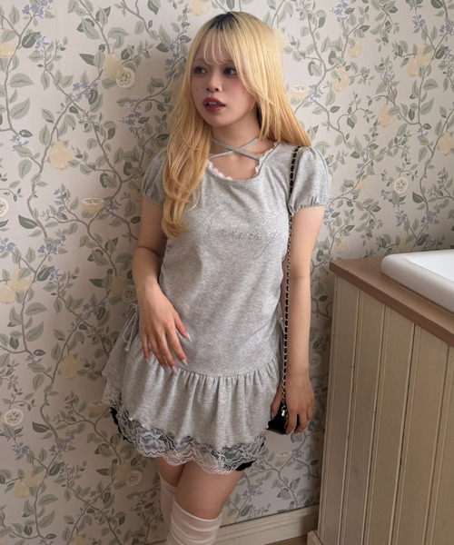 continuer de NICE CLAUP（コンティニューデナイスクラップ）の「ドロスト裾レースチュニック（Tシャツ/カットソー・レディース・ピンク/ドット/ブラック/トップグレー・FREE）」の12枚目の写真