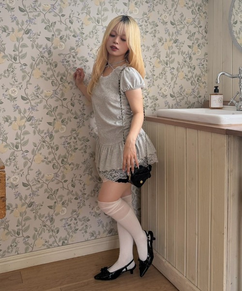 continuer de NICE CLAUP（コンティニューデナイスクラップ）の「ドロスト裾レースチュニック（Tシャツ/カットソー・レディース・ピンク/ドット/ブラック/トップグレー・FREE）」の15枚目の写真