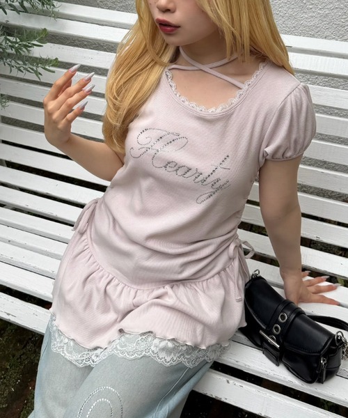 continuer de NICE CLAUP（コンティニューデナイスクラップ）の「ドロスト裾レースチュニック（Tシャツ/カットソー・レディース・ピンク/ドット/ブラック/トップグレー・FREE）」の18枚目の写真