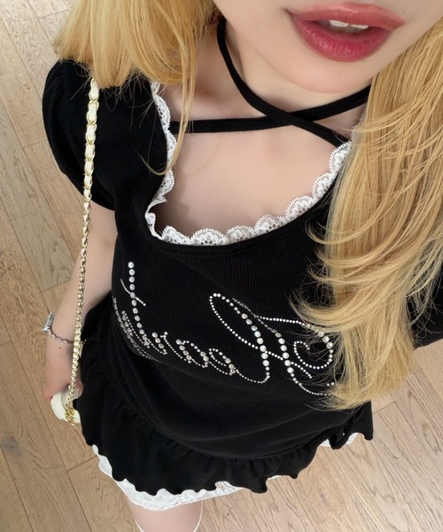 continuer de NICE CLAUP（コンティニューデナイスクラップ）の「ドロスト裾レースチュニック（Tシャツ/カットソー・レディース・ピンク/ドット/ブラック/トップグレー・FREE）」の5枚目の写真