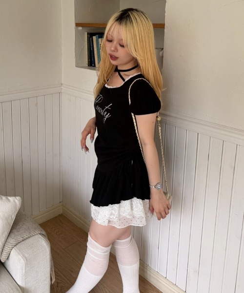 continuer de NICE CLAUP（コンティニューデナイスクラップ）の「ドロスト裾レースチュニック（Tシャツ/カットソー・レディース・ピンク/ドット/ブラック/トップグレー・FREE）」の8枚目の写真