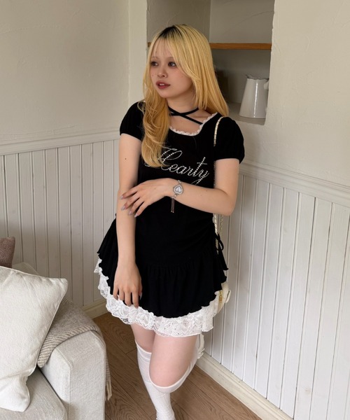 continuer de NICE CLAUP（コンティニューデナイスクラップ）の「ドロスト裾レースチュニック（Tシャツ/カットソー・レディース・ピンク/ドット/ブラック/トップグレー・FREE）」の9枚目の写真