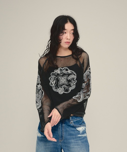 eL(エル)の「【eL】Made in India Mesh Embroidery Pullover/670538(シャツ/ブラウス・レディース・ブラック/オフホワイト・FREE)」の2枚目の写真