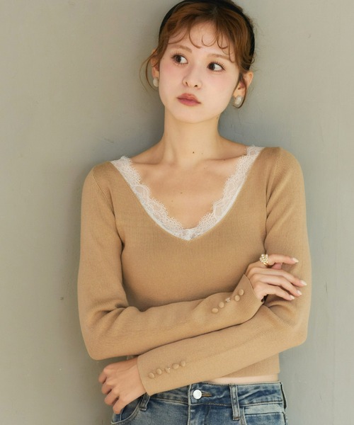 Olu.（オルドット）の「レースアングルリブニットトップス（ニット/セーター・レディース・チャコールグレー/キャメル/ブラック/アイボリー・FREE）」の13枚目の写真