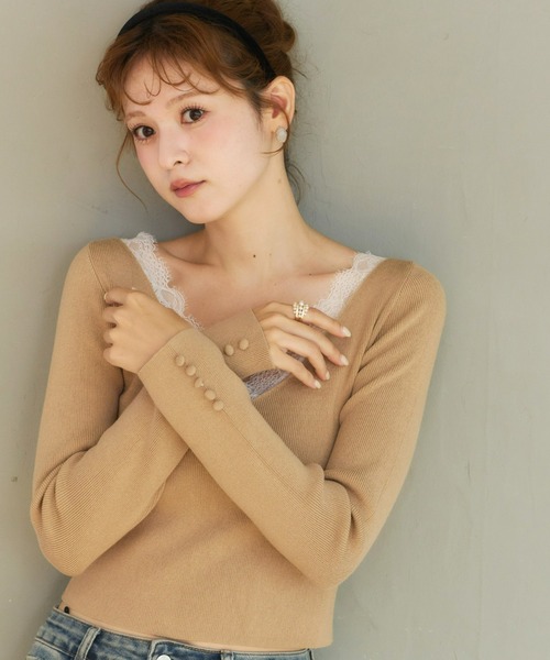 Olu.（オルドット）の「レースアングルリブニットトップス（ニット/セーター・レディース・チャコールグレー/キャメル/ブラック/アイボリー・FREE）」の14枚目の写真