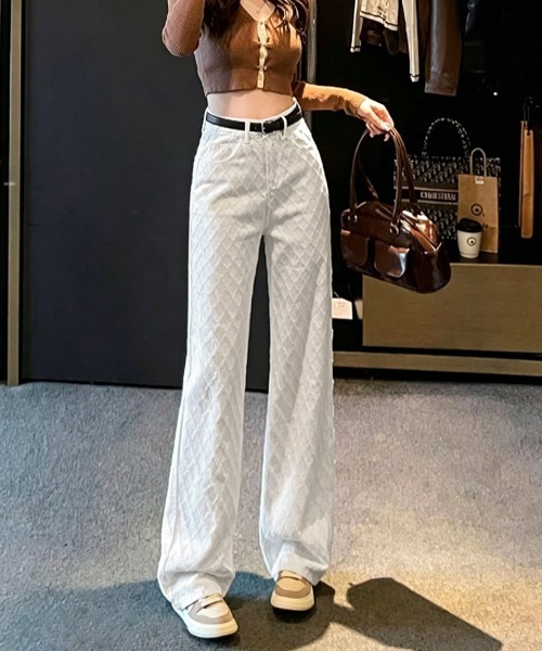 Miniministore（ミニミニストア）の「ダイヤ柄ジャガードワイドデニムパンツ美脚（デニムパンツ・レディース・ホワイト・M/L/S）」の3枚目の写真