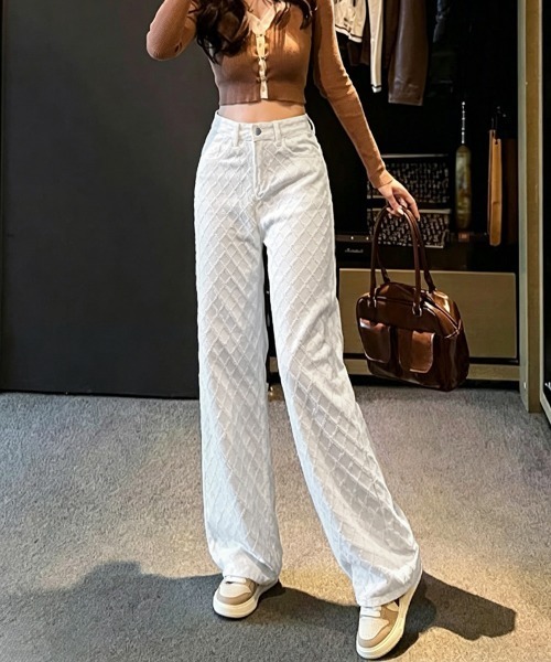 Miniministore（ミニミニストア）の「ダイヤ柄ジャガードワイドデニムパンツ美脚（デニムパンツ・レディース・ホワイト・M/L/S）」の4枚目の写真