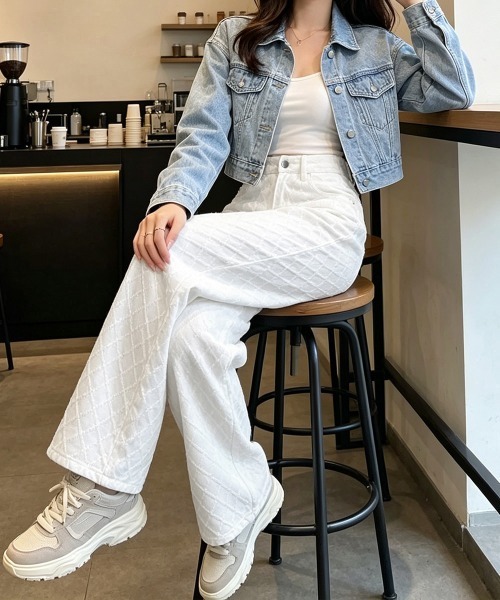 Miniministore（ミニミニストア）の「ダイヤ柄ジャガードワイドデニムパンツ美脚（デニムパンツ・レディース・ホワイト・M/L/S）」の14枚目の写真