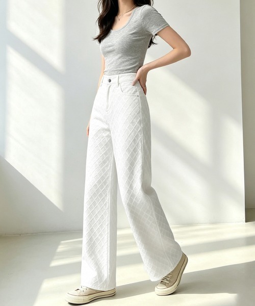 Miniministore（ミニミニストア）の「ダイヤ柄ジャガードワイドデニムパンツ美脚（デニムパンツ・レディース・ホワイト・M/L/S）」の16枚目の写真
