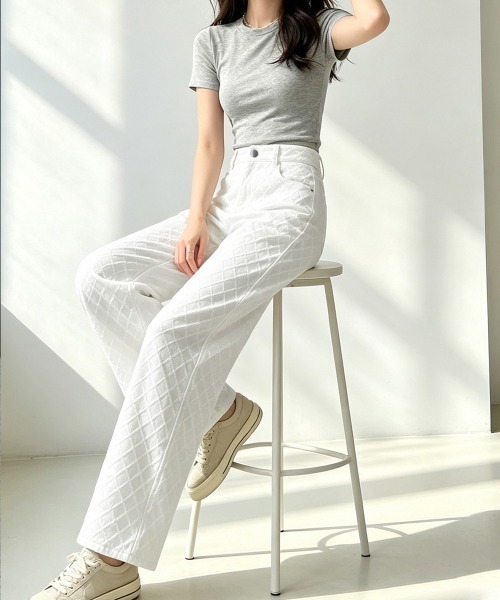 Miniministore（ミニミニストア）の「ダイヤ柄ジャガードワイドデニムパンツ美脚（デニムパンツ・レディース・ホワイト・M/L/S）」の17枚目の写真