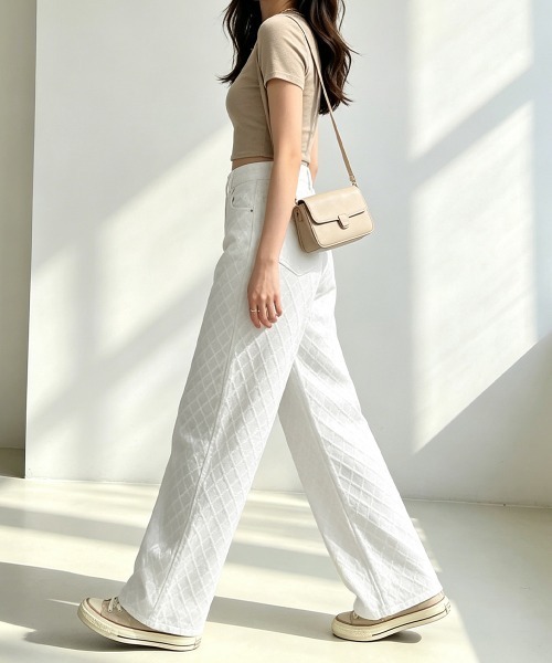 Miniministore（ミニミニストア）の「ダイヤ柄ジャガードワイドデニムパンツ美脚（デニムパンツ・レディース・ホワイト・M/L/S）」の18枚目の写真