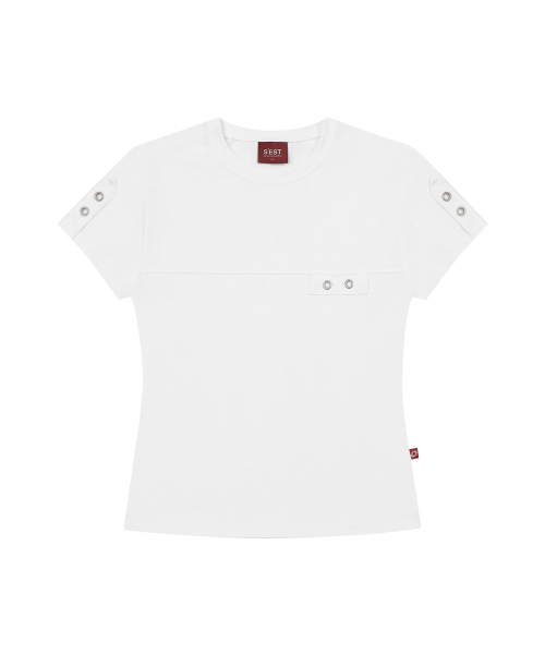 S'EST(エスイーエスティー)の「Eyelet Tab-Detail Slim Fit T-shirts White(Tシャツ/カットソー・レディース・ホワイト・SMALL)」の1枚目の写真