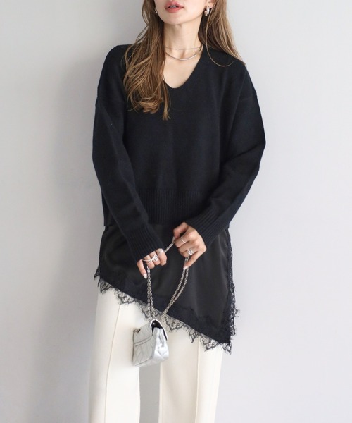 アシメレースドッキングニット