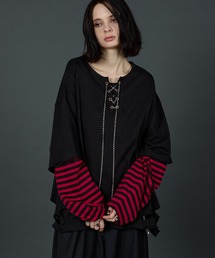 ERAR（エラー）の「【ERAR】フェイクレイヤードチェーンレースアップグランジダメージロンT（Tシャツ/カットソー）」