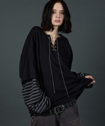 ERAR（エラー）の「【ERAR】フェイクレイヤードチェーンレースアップグランジダメージロンT（Tシャツ/カットソー）」
