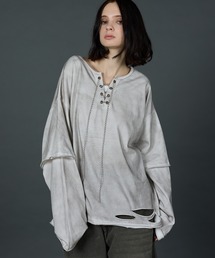 ERAR（エラー）の「【ERAR】フェイクレイヤードチェーンレースアップグランジダメージロンT（Tシャツ/カットソー）」