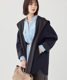 【ウール混/配色/ゆったり】ミドル丈リバーフーディコート