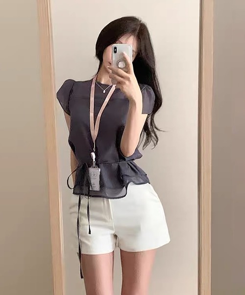 Girly Doll(ガーリードール)の「ダブルヘム半袖シアーブラウス(その他トップス・レディース・ホワイト/ブラック・FREE)」の5枚目の写真