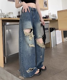 大胆クラッシュハイウエストワイドデニムパンツ ヴィンテージ加工