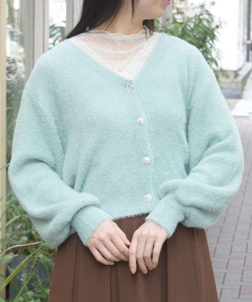 axes femme(アクシーズファム)の「花スパンコールフェザーカーデ(カーディガン/ボレロ・レディース・ピンク/ミント/キナリ・FREE)」の2枚目の写真