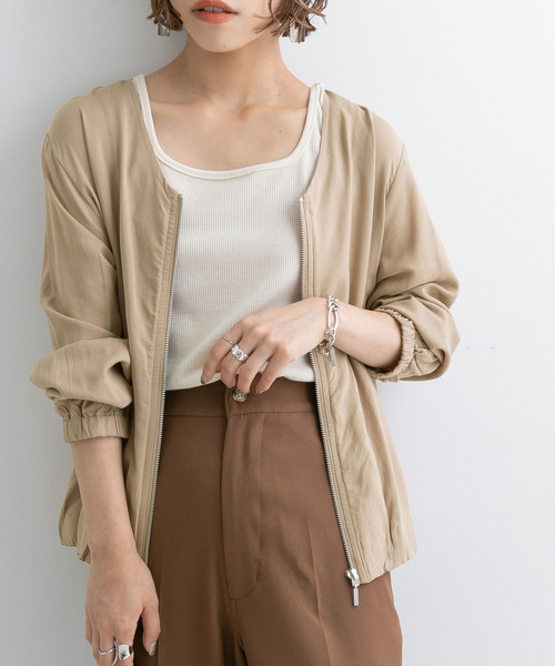 Newlyme(ニューリーミー)の「Vネックリネンブルゾン(ブルゾン・レディース・ブラック/ベージュ/カーキ・MEDIUM/LARGE)」の1枚目の写真