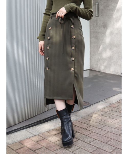 MURUA(ムルーア)の「ボタンスリットIラインスカート(スカート)」|カーキ