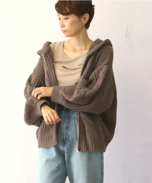 ikka(イッカ)の「【WEB限定】ケーブルニットフーディ(カーディガン)」|ブラウン