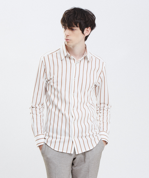 RECENCY OF MINE(リーセンシー オブ マイン)の「【Recency of Mine】ブークレーラインストライプシャツ(シャツ/ブラウス・メンズ・ベージュ/ネイビー/ダークネイビー・44/46/48/50)」の1枚目の写真