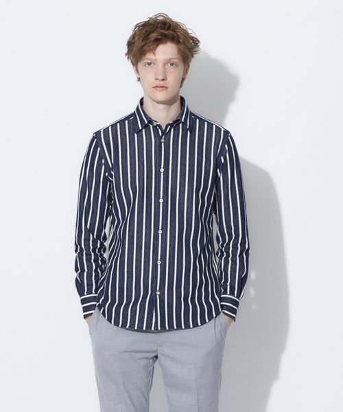 RECENCY OF MINE(リーセンシー オブ マイン)の「【Recency of Mine】ブークレーラインストライプシャツ(シャツ/ブラウス・メンズ・ベージュ/ネイビー/ダークネイビー・44/46/48/50)」の3枚目の写真