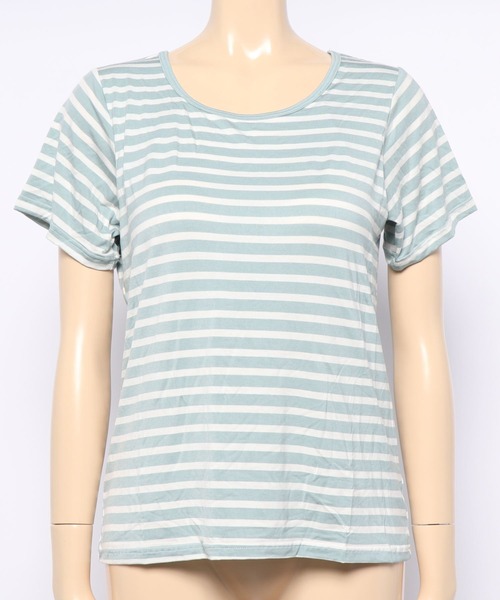 セール】モールドカップ付きボーダー Uネック 半袖Tシャツ（T