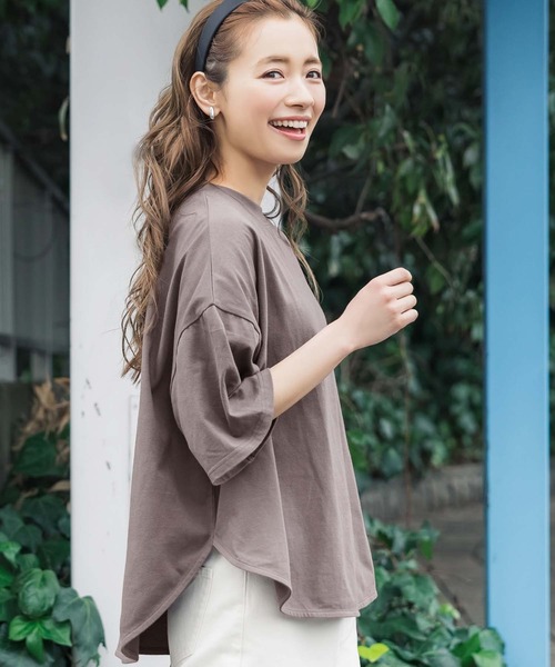 coca（coca）（コカ）の「＼新色追加／ビックシルエット5分袖テールカットカットソー（Tシャツ/カットソー・レディース・ブラウン/カーキ/チャコールグレー/ホワイト/ダークブルー/キャメル/チャコール/ネイビー/レッド/A/B/ライトブルー/ブラック/グレー/ブルー/イエロー・ONE SIZE/M/L/S/XL）」の6枚目の写真