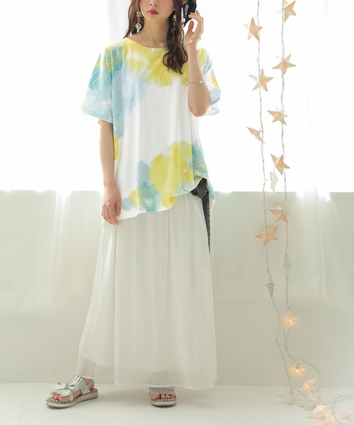 osharewalker（オシャレウォーカー）の「『水彩プリントドルマンTシャツ』（Tシャツ/カットソー・レディース・イエロー/ラベンダー・FREE）」の6枚目の写真