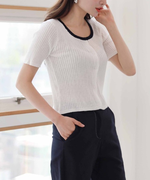 by muni:r(バイ ムニール)の「ラウンドネック配色カラーリブカーディガン(Tシャツ/カットソー・レディース・アイボリー/ミント・FREE)」の10枚目の写真