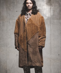 mj8035-Shaggy material patchwork design coat コート