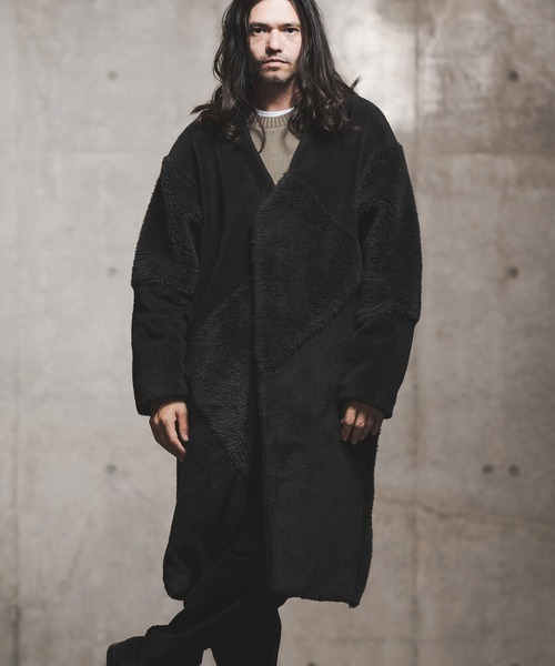 GLIMCLAP（グリムクラップ）の「mj8035-Shaggy material patchwork design coat コート（ノーカラーコート・メンズ・チャコール/ブラック/キャメル・M/S/L）」の2枚目の写真