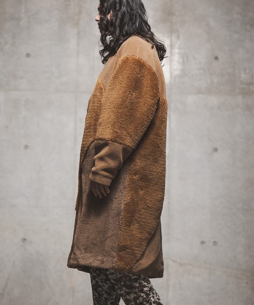 GLIMCLAP（グリムクラップ）の「mj8035-Shaggy material patchwork design coat コート（ノーカラーコート・メンズ・チャコール/ブラック/キャメル・M/S/L）」の5枚目の写真
