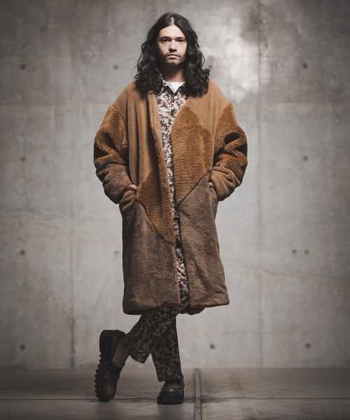 GLIMCLAP（グリムクラップ）の「mj8035-Shaggy material patchwork design coat コート（ノーカラーコート・メンズ・チャコール/ブラック/キャメル・M/S/L）」の7枚目の写真