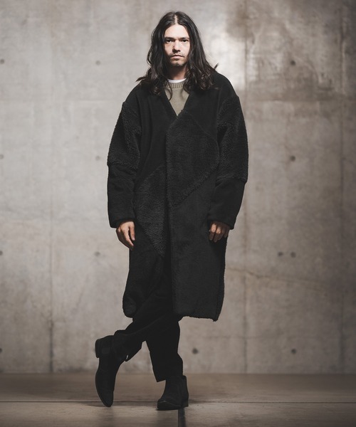 GLIMCLAP（グリムクラップ）の「mj8035-Shaggy material patchwork design coat コート（ノーカラーコート・メンズ・チャコール/ブラック/キャメル・M/S/L）」の12枚目の写真