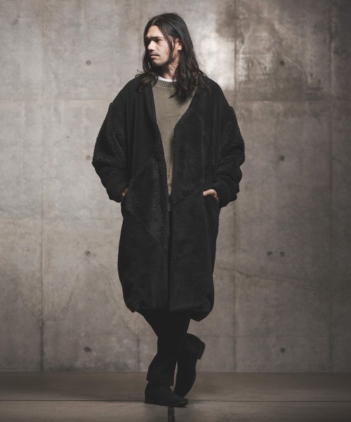 GLIMCLAP（グリムクラップ）の「mj8035-Shaggy material patchwork design coat コート（ノーカラーコート・メンズ・チャコール/ブラック/キャメル・M/S/L）」の13枚目の写真