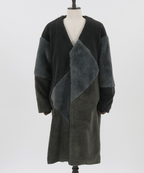 GLIMCLAP（グリムクラップ）の「mj8035-Shaggy material patchwork design coat コート（ノーカラーコート・メンズ・チャコール/ブラック/キャメル・M/S/L）」の20枚目の写真
