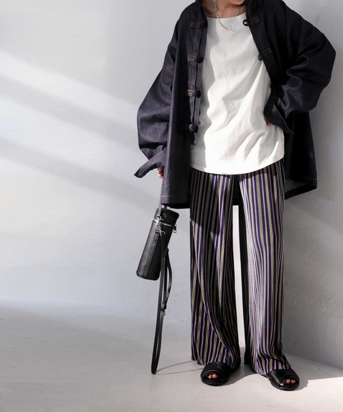 ストライププリーツワイドパンツカジュアル春秋 ストライププリーツワイドパンツ（その他パンツ）｜antiqua