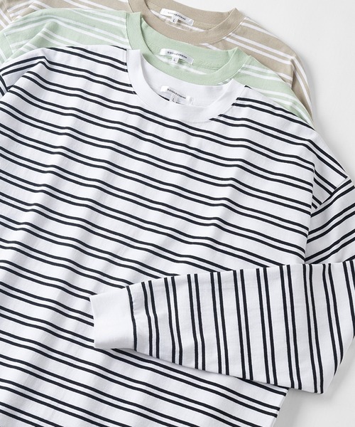 make a ray!(メイク ア レイ!)の「ビッグシルエット ヘビーウェイト ボーダー リブ長袖Tシャツ(Tシャツ/カットソー・メンズ・ホワイト/ブラック/ミント/グレイッシュベージュ・M/L)」の2枚目の写真