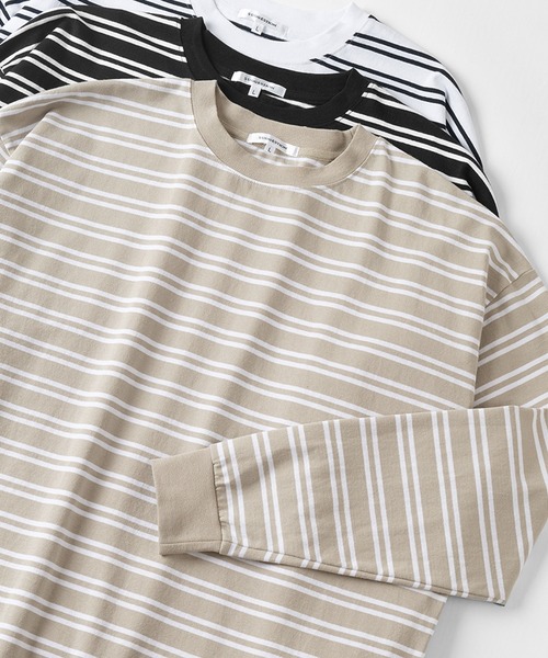 make a ray!(メイク ア レイ!)の「ビッグシルエット ヘビーウェイト ボーダー リブ長袖Tシャツ(Tシャツ/カットソー・メンズ・ホワイト/ブラック/ミント/グレイッシュベージュ・M/L)」の1枚目の写真