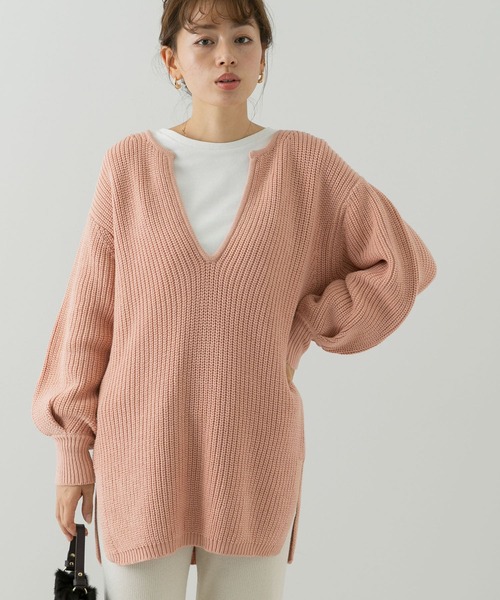 URBAN RESEARCH Sonny Label（アーバンリサーチサニーレーベル）の「深Vネックチュニックニットプルオーバー（ニット/セーター・レディース・ライトピンク/ブラック/アイボリー・FREE）」の4枚目の写真