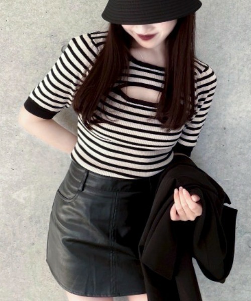 EPIMI E'PIMMY(エピミエピミー)の「2wayレイヤードライク肌見せリブニット(ニット/セーター・レディース・ブラック/オレンジ/アイボリー/ホワイト×ブラック・MEDIUM)」の3枚目の写真